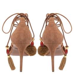 Pre Owned صندل دولتشي أند غابانا رباط علوي مزين بوم بوم سويدي بني مقاس 38.5 