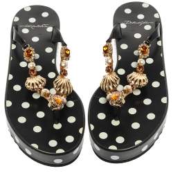 Pre Owned Dolce & Gabbana Black Polka Dots Patent Leather Jewel Embellished Beach Platform Slide Sandals Size 40