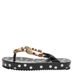 Pre Owned Dolce & Gabbana Black Polka Dots Patent Leather Jewel Embellished Beach Platform Slide Sandals Size 40
