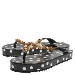 Pre Owned Dolce & Gabbana Black Polka Dots Patent Leather Jewel Embellished Beach Platform Slide Sandals Size 40