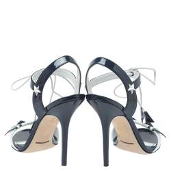مملوكة مسبقًا Dolce & Gabbana Navy Blue/White Patent Leather Keira Ankle Tie Open Toe Sandals Size 37.5