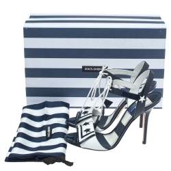 مملوكة مسبقًا Dolce & Gabbana Navy Blue/White Patent Leather Keira Ankle Tie Open Toe Sandals Size 37.5
