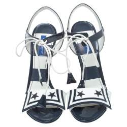 مملوكة مسبقًا Dolce & Gabbana Navy Blue/White Patent Leather Keira Ankle Tie Open Toe Sandals Size 37.5