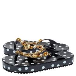 Pre Owned Dolce & Gabbana Black Polka Dots Crystal Embellished Thong Sandals Size 38