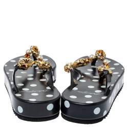 Pre Owned Dolce & Gabbana Black Polka Dots Crystal Embellished Thong Sandals Size 38