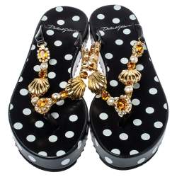 Pre Owned Dolce & Gabbana Black Polka Dots Crystal Embellished Thong Sandals Size 38