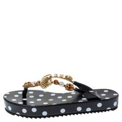 Pre Owned Dolce & Gabbana Black Polka Dots Crystal Embellished Thong Sandals Size 38