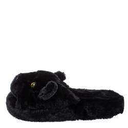 Pre Owned Dolce and Gabbana Black Faux Fur Panther Plush Flat Slides Size 40