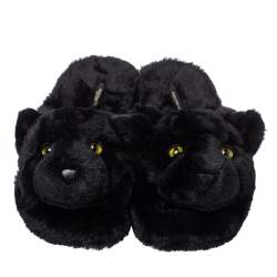 Pre Owned Dolce and Gabbana Black Faux Fur Panther Plush Flat Slides Size 40