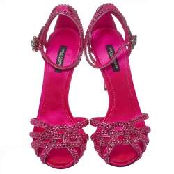 Pre Owned Dolce & Gabbana Pink Satin Crystal Embellished Ankle Strap Sandals Size 38