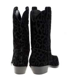 Pre Owned Dolce & Gabbana Black Animal Print Lurex and Velvet Cowboy Boots Size 37.5