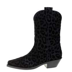 Pre Owned Dolce & Gabbana Black Animal Print Lurex and Velvet Cowboy Boots Size 37.5