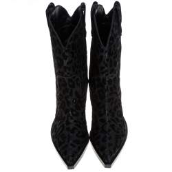 Pre Owned Dolce & Gabbana Black Animal Print Lurex and Velvet Cowboy Boots Size 37.5