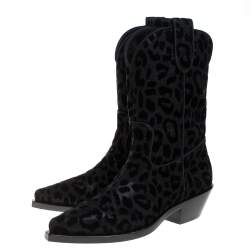 Pre Owned Dolce & Gabbana Black Animal Print Lurex and Velvet Cowboy Boots Size 37.5