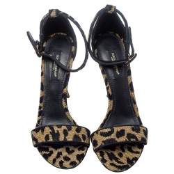 Pre Owned Dolce & Gabbana Gold/Black Animal Print Lurex and Velvet Ankle Strap Sandals Size 36