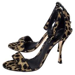 Pre Owned Dolce & Gabbana Gold/Black Animal Print Lurex and Velvet Ankle Strap Sandals Size 36