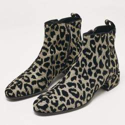 Pre Owned Dolce & Gabbana Black/Silver Animal Print Lurex and Velvet Ankle Boots Size 39