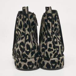 Pre Owned Dolce & Gabbana Black/Silver Animal Print Lurex and Velvet Ankle Boots Size 39