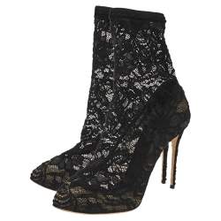 Pre Owned Dolce & Gabbana Black Stretch Lace Pointed Toe Ankle Booties Size 40.5