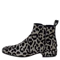 Pre Owned Dolce & Gabbana Black/Silver Animal Print Lurex and Velvet Ankle Boots Size 36
