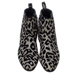 Pre Owned Dolce & Gabbana Black/Silver Animal Print Lurex and Velvet Ankle Boots Size 36