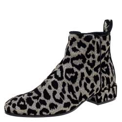 Pre Owned Dolce & Gabbana Black/Silver Animal Print Lurex and Velvet Ankle Boots Size 36