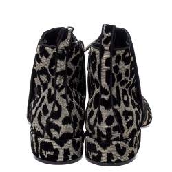 Pre Owned Dolce & Gabbana Black/Silver Animal Print Lurex and Velvet Ankle Boots Size 36
