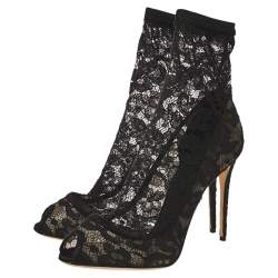 Pre Owned Dolce & Gabbana Black Lace and Mesh Stretch Booties Size 39.5
