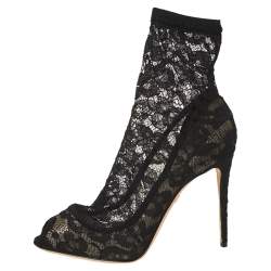 Pre Owned Dolce & Gabbana Black Lace and Mesh Stretch Booties Size 39.5