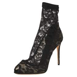 Pre Owned Dolce & Gabbana Black Lace and Mesh Stretch Booties Size 39.5