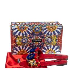 Pre Owned Dolce & Gabbana Red Leather Pom Pom And Mirror Embellished Flat Sandals Size 40