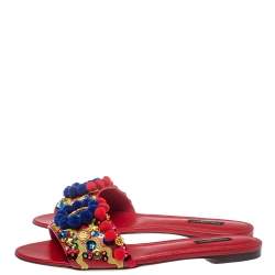 Pre Owned Dolce & Gabbana Red Leather Pom Pom And Mirror Embellished Flat Sandals Size 40