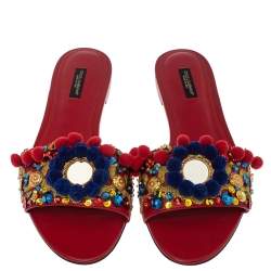 Pre Owned Dolce & Gabbana Red Leather Pom Pom And Mirror Embellished Flat Sandals Size 40