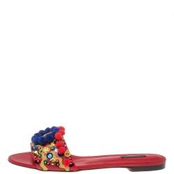 Pre Owned Dolce & Gabbana Red Leather Pom Pom And Mirror Embellished Flat Sandals Size 40