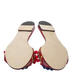 Pre Owned Dolce & Gabbana Red Leather Pom Pom And Mirror Embellished Flat Sandals Size 40