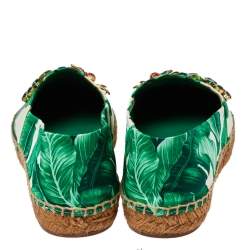 مملوكة مسبقًا Dolce & Gabbana White/Green Leaf Print Satin Embellished Flat Espadrilles Size 38