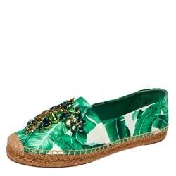 Pre Owned Dolce & Gabbana White/Green Leaf Print Satin Embellished Flat Espadrilles Size 38