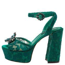 Pre Owned Dolce & Gabbana Green Lace Keira Embellished Platform Sandals Size 37.5