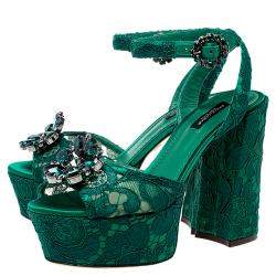Pre Owned Dolce & Gabbana Green Lace Keira Embellished Platform Sandals Size 37.5