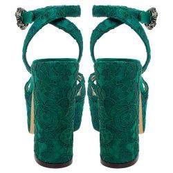 Pre Owned Dolce & Gabbana Green Lace Keira Embellished Platform Sandals Size 37.5
