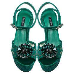 Pre Owned Dolce & Gabbana Green Lace Keira Embellished Platform Sandals Size 37.5