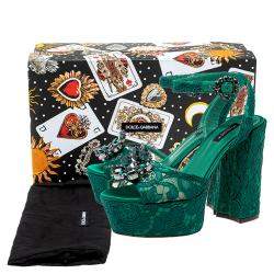 Pre Owned Dolce & Gabbana Green Lace Keira Embellished Platform Sandals Size 37.5