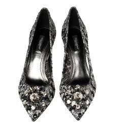 Pre Owned Dolce & Gabbana Silver/Black Lace Bellucci Pumps Size 38