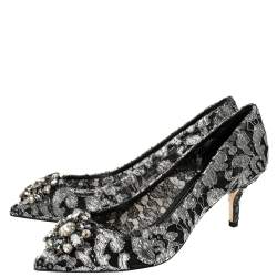 Pre Owned Dolce & Gabbana Silver/Black Lace Bellucci Pumps Size 38
