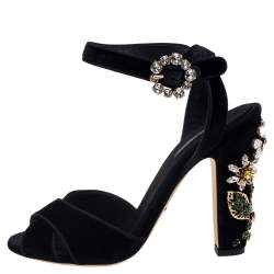 Pre Owned Dolce & Gabbana Black Velvet Crystal Embellished Sandals Size 39