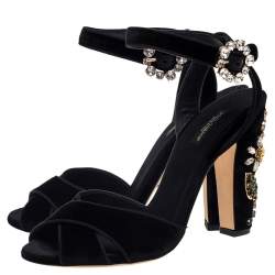 Pre Owned Dolce & Gabbana Black Velvet Crystal Embellished Sandals Size 39