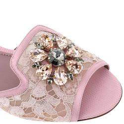 Pre Owned Dolce & Gabbana Pink Taormina Lace Crystals Mules Size IT 39