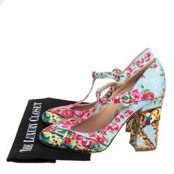 Pre Owned Dolce & Gabbana Blue Floral Print Fabric T-Strap Pumps Size 40