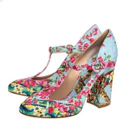 Pre Owned Dolce & Gabbana Blue Floral Print Fabric T-Strap Pumps Size 40