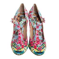 Pre Owned Dolce & Gabbana Blue Floral Print Fabric T-Strap Pumps Size 40